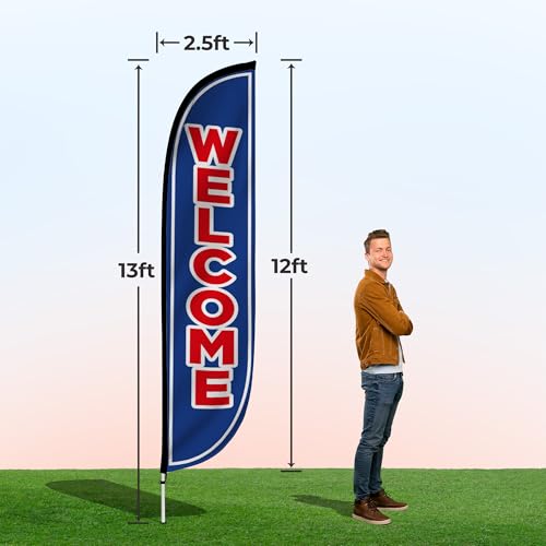 Image of LookOurWay Feather Flag Set, 12 ft Advertising Flag with Fiberglass Poles and Ground Spike for Business Promotion, Welcome (Blue)