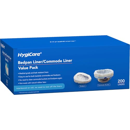 HygiCare Enlarged Size Bedpan and Commode Liners 200 Count - Fits All Bedpans and Commode Buckets - Interleaved Bags on Roll, No Need to Tear Off - Easy Tie, Medical Grade, Leakproof