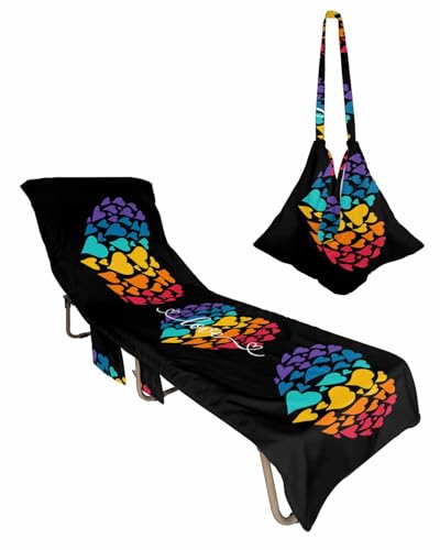 Colorful Ombre Love Heart Beach Lounge Chair Towel Cover, Soft Chaise Lounge Towel with Side Pockets Patio Pool Chairs Cover for Beach/Pool Sunbathing 29x85 Watercolor Classic Black