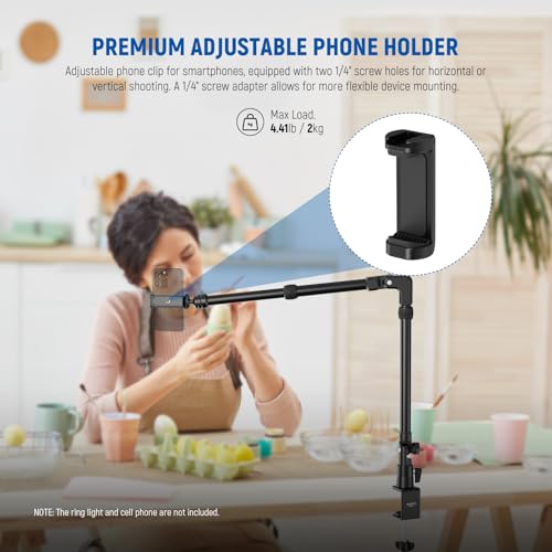 Image of NEEWER 45.5 inch Overhead Camera Desk Stand, Aluminum 4 Section Magic Mic Boom Arm with C Clamp Mount Holder, for Webcam LED Light Microphone Streaming Zoom Video Recording, Max Load 4.41lb, DS023