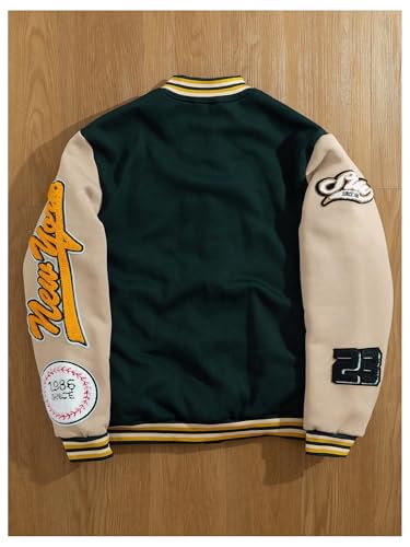 Image of GORGLITTER Men's Letter Graphic Varsity Jacket Long Sleeve Striped Trim Button Bomber Jackets