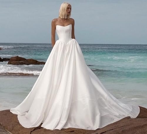 Strapless Satin Wedding Dresses for Women Bride Long Formal Evening Gowns with Pockets4