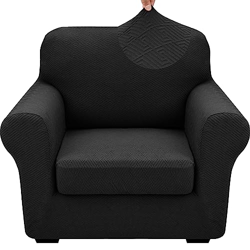 XINEAGE 2025 New 2 Pieces Chair Covers with Arms Super Stretch Chair Slipcover for Living Room Pet Dog Universal Slip Cover Anti Slip Armchair Furniture Protector (Black), 31"-46"(1 Cushion)
