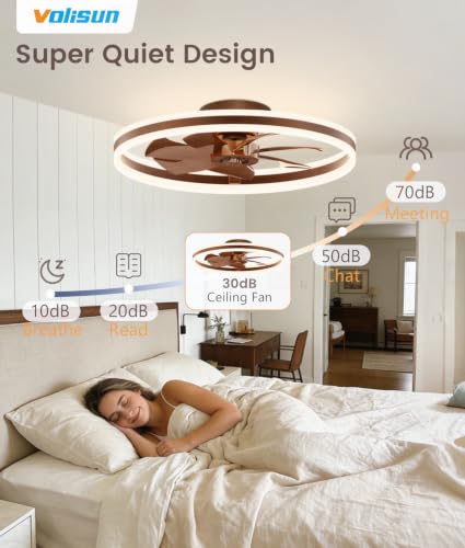 Image of VOLISUN Low Profile Ceiling Fans with Lights and Remote, 24in Flush Mount Ceiling Fans with Light, 3000K-6500K Dimmable Fandelier LED Fan Light, Farmhouse Ceiling Fans with Lights for Bedroom