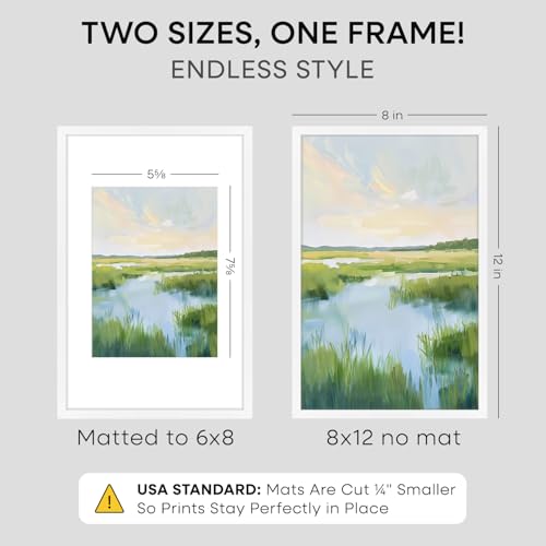 Image of Homeforia 8x12 Picture Frame White, High End Metal 8 x 12 Poster Frames with Mat 6 by 8 for Photo, 12x8 Frame Matted to 6x8 inch Print, 8by12 Wall or Tabletop Frame, Tempered Glass, Wall Kit, Set of 1
