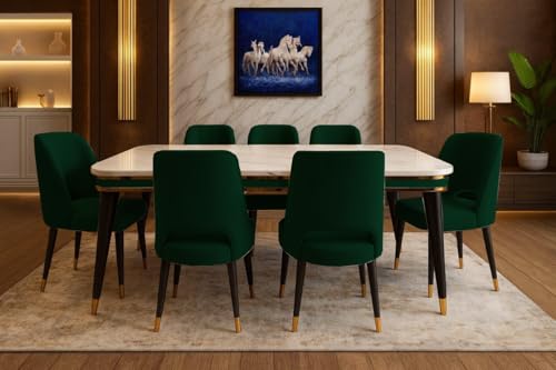 Image of WOODEN SPACE 6-Seater Wooden Dining Table Set | Nano Composite Marble Top | Solid Wood Base | Modern Dining Room Furniture with 6 Chairs (Dark Green Vintage)
