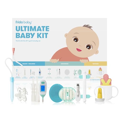 Frida Baby Ultimate Baby Kit | Baby Essentials Gift Set Includes Wellness Sick Day/Gas Relief Essentials Grooming Tools & Teething Toys