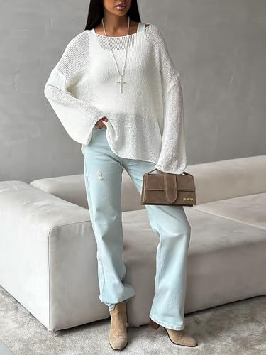 Women's Sweater Casual Long Sleeve Crewneck Lightweight Crochet Pullover Hollow Out Knit Tops4