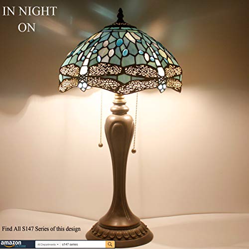 Werfactory Tiffany Table Lamp Sea Blue Stained Glass Dragonfly Style Bedside Lamp Desk Reading Light 12X12X22 Inches Decor Bedroom Living Room Home Office S147 Series #TOP2