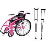 Dollhouse Wheelchair and Crutch Set - 3 Pcs Miniature Realistic Plastic Model for DIY Mini House, Role Play & Education (Green/Pink/Orange)(Pink)