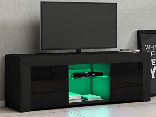 Image of Panana Modern 2 Doors TV Unit Stand 120cm TV Cabinet Sideboard High Gloss Door and Matt Body with RGB LED Lights for Living Room (Black)