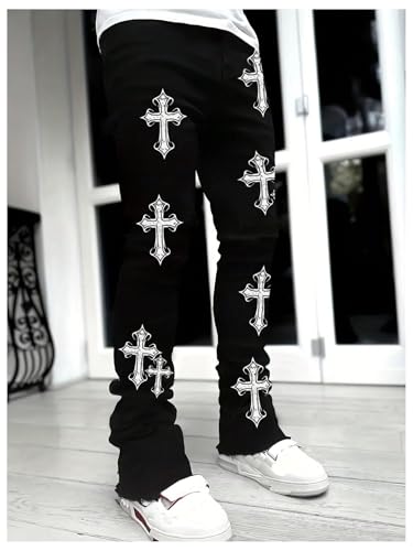 WDIRARA Men's Cross Graphic Jeans Raw Hem Long Denim Pants Streetwear3
