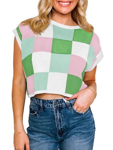 Image of Saodimallsu Womens Cap Sleeve Crop Tops Summer Color Block Going Out Crew Neck Knit Trendy Casual Sweater