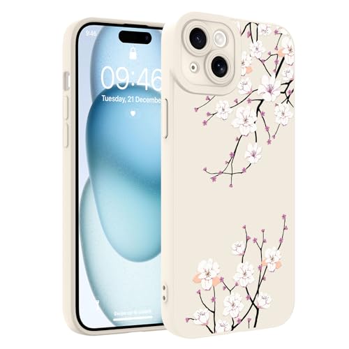 Image of Designed for iPhone 15 Case, Cute Cherry Blossom Flower Floral Pattern Design, Slim Soft TPU Liquid Silicone Protective Cover for Women Girls - White