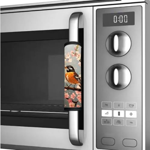 Image of 6 PCS Refrigerator Door Handle Covers Electric Appliance Handles Decor Anti-Skid Protector Gloves for Fridge Oven Kitchen Cabinet Home Decor, American Robin Bird Pink Flower Gray