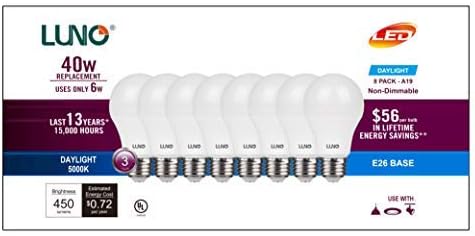 Miniatura 2 de LUNO Bombilla LED A19 no regulable, 6.0 W (equivalente a 40 W), 450 lúmenes, 5000 K (luz diurna), base media (E26), certificado UL (paquete de 8)