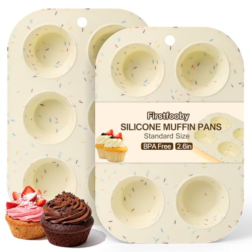 Firstfooby 2 Pack Silicone Muffin Pan for Baking, Regular Size Nonstick Cupcake Pan, 6-Cup Silicone Muffin Tin BPA Free Dishwasher Safe, Great for Muffin Cupcake Brownie Egg Tart