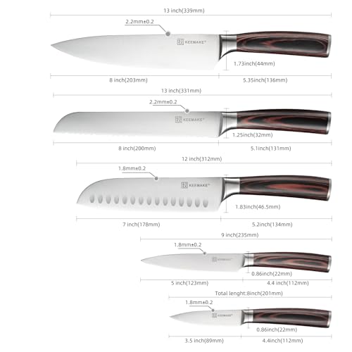 Image of KEEMAKE Kitchen Knife Set of 5 - Kitchen Knives 1.4116 High Carbon Stainless Steel Blade, Professional Chef Knife Set, Razor Sharp Knives with Ergonomic Pakkawood Handle for Home Cooking