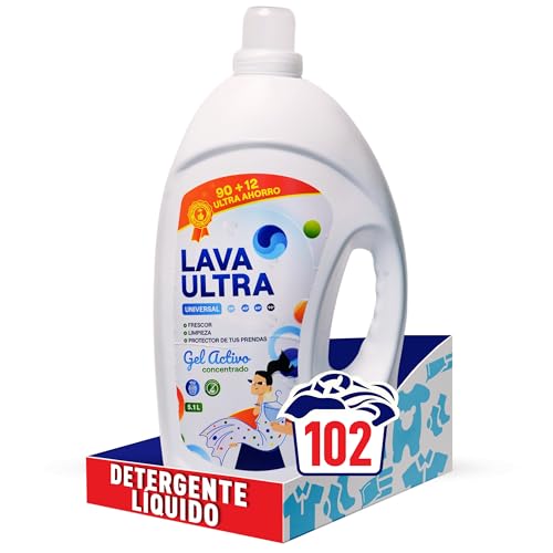 Lava Ultra Gel Activo 5.1L, 102 Lavados - Detergente Líquido Concentrado para Lavadoras - 5.1 L, Sin Fosfatos, Apto para Todo Tipo de Telas, Suave y Fresco, Fabricado en España