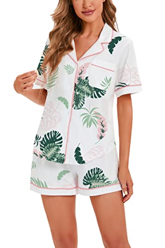 Image of LUBOT 100% Cotton Pajamas for Women 2 Piece PJ Set Button-Down Soft Knit Short Sleeve Summer Sleepwear Loungewear XS-XXL