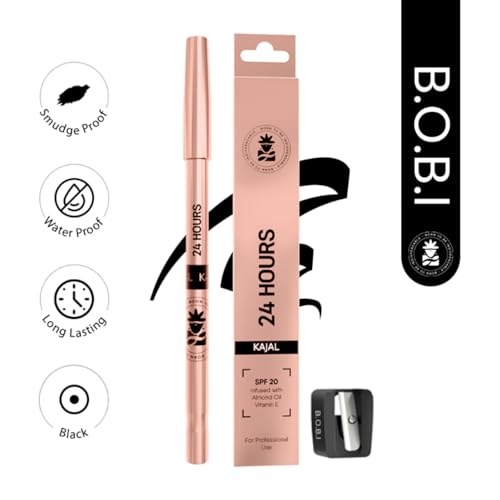 Image of BOBI 24-Hour Kajal with Sharpener | Long-Lasting, Smudge-Proof, Matte Finish, Waterproof, Intense Black Bold Look Kohl Pencil | No Fade Texture | Deep Pigment for Eye Makeup | Infused with Vitamin E | 1.5g