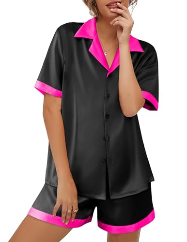 Ekouaer Womens Silk Satin Pajama Set Short Sleeve PJs 2 Piece Button Down Top and Shorts Soft Sleepwear Black S
