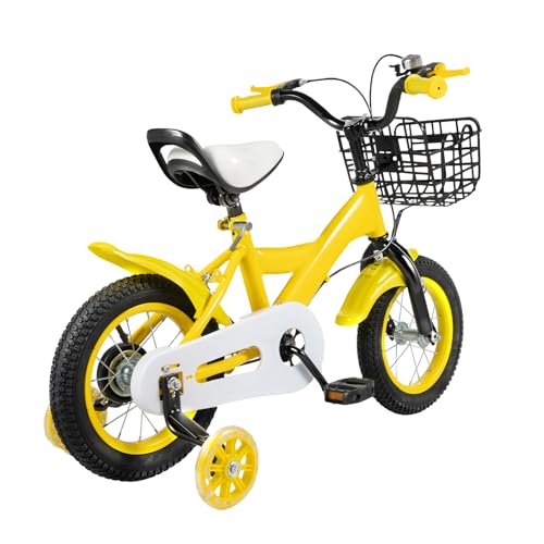 Bicicleta infantil de 12 pulgadas, asiento ajustable con ruedas estabilizadoras, manillar ajustable, frenos dobles, marco de acero ligero de 7,25 kg, hasta 80 kg, incluye cesta para niños y niñas de 2