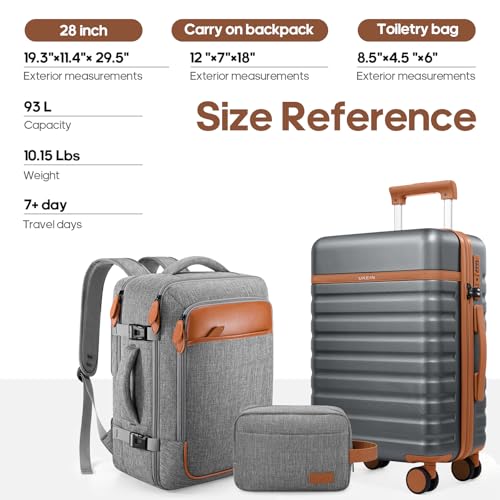 Image of UKEIN Luggage Sets 3 Piece, PC Hardside LargeLuggage 28 Inch With Spinner Wheels with TSA Lock, Checked Suitcase Set With Travel Backpack for Men (Grey, 3 piece set (28inch))