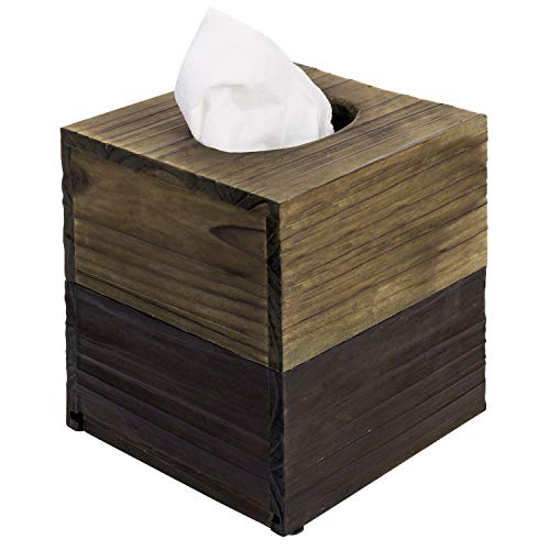 MyGift Distressed Two-Tone Brown Solid Wood Tissue Box Cover, Square Bathroom Facial Tissue Holder Dispenser with Easy Refill Slide-Out Bottom Panel