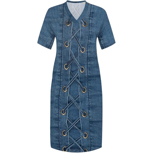 Image of SUZONANA Plus Size Denim Print Shirt Maxi Dresses for Curvy Women Casual Blue Jean Summer Outfits Long Short Sleeve Dress with Pockets Patchwork 6XL