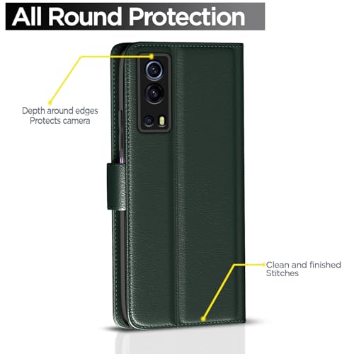 Image of Pikkme Flip Cover for IQOO Z3 5G Leather Finish | Inside TPU with Card Pockets | Wallet Stand and Shock Proof | Complete Protection Flip Case (Green)