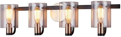 Justice Design Group Lighting Poise - Barra de baño con 4 luces, color negro mate con detalles de latón, pantalla acrílica transparente