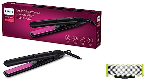 PHILIPS HP8302 Selfie Straightener, Black & Philips Oneblade Replaceable Blade Pack Including 1 Replaceable Blade, Qp210/51 (Lime) (Image - 1)