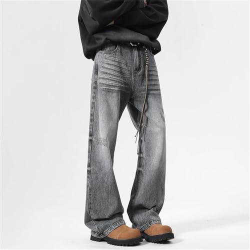 Men's Denim Pants Solid Color Washing Worn-Out Straight Trousers Wide Leg Loose Jeans 5