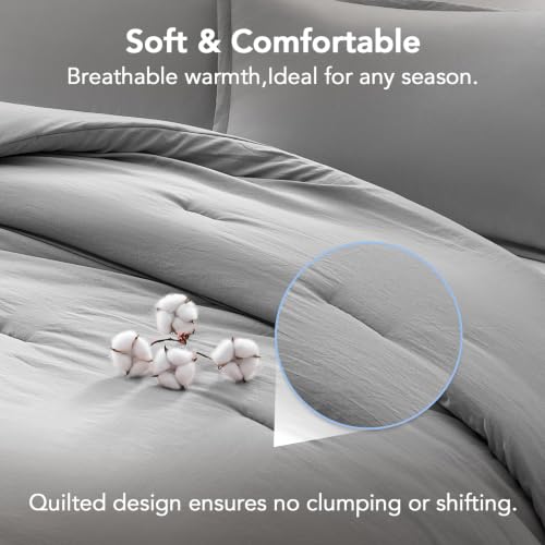 Image of Quataly Oversized King Comforter Set Prewashed Lightweight Quilted Bedding | 3PCS Light Grey Breathable Down Alternative Bedding Set with 1 Solid Comforter (120 inchx98 inch) and 2 Soft Pillowcases