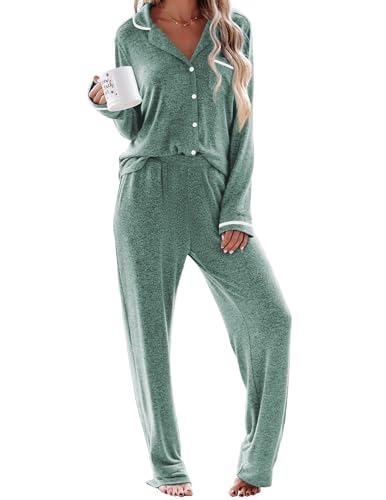 Ekouaer Womens Pajama Sets Long Sleeve Button Down 2 Piece Lounge Set Green - image 1