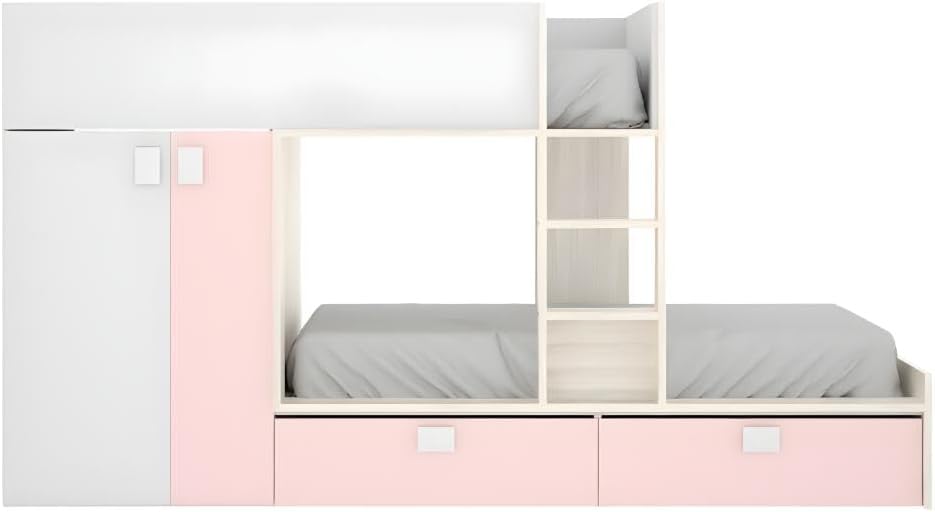 Vente-unique JUANITO Bunk Bed, front view with wardrobe and drawers closed.