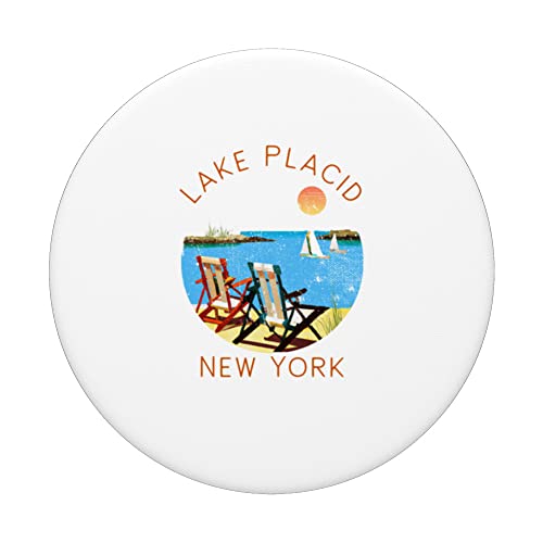 Retro Lake Placid Souvenir - Vintage lake Vacation PopSockets Swappable PopGrip, Black - Image 3