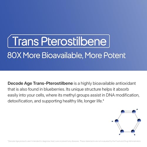 Decode Age 99% Pure Trans-Pterostilbene, Potent Antioxidant, High Bioavailability, Promotes Healthy Ageing, Skin Health, 60 Veg Capsules
