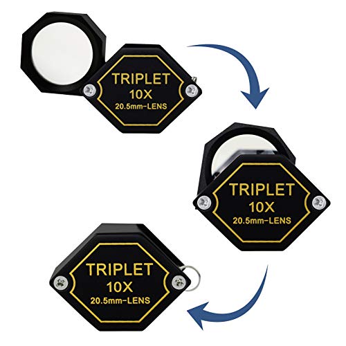 10x Magnifier Jewelry Loupe 20.5mm Triplet Lens Optical Glass Pocket Gem Magnifying Tool for Jeweller, Stamp Philatelist, Coin Numismatic, Achromatic Black Hexagonal Design Kit Set