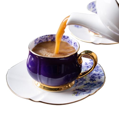 MKHJBFGIコーヒーカップ ソーサー セット 香りのよいお茶 ティーカップセット 持ち運び可能 来客をもてなす ギフト おしゃれ かわいい 陶器 (パープル)