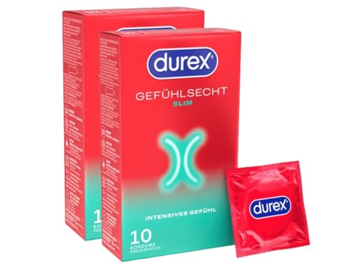 Durex Preservativos finos, de ajuste estrecho e hidratados con gel lubricante de silicona, paquete de 20 (2 x 10 unidades)