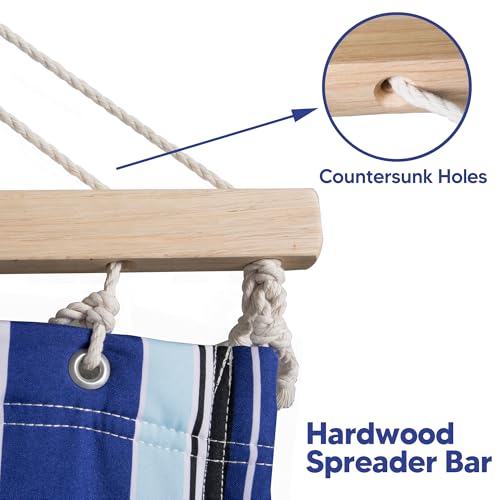 Image of SUNCREAT Hammocks Quilted Fabric Hammock, Double Hammock with Spreader Bar, Soft Pillow, Max 475lbs Capacity, Blue Stripes