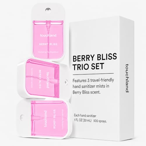 Image of Touchland Berry Bliss Hydrating Hand Sanitizer Spray, 3 Pack Travel Size | TSA ready Power Mist with skincare benefits. Lush and joyful scent, capturing the brightness of a berry-kissed meadow.