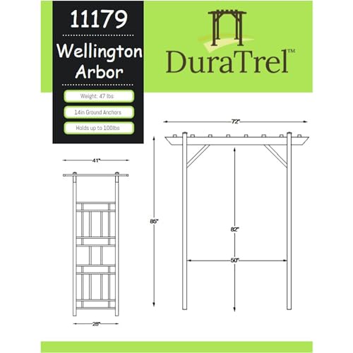 Dura-Trel Wellington Arbor, Vinyl Garden Archway for Outdoors, White, 72" x 85" - Backyard Decorative Arch for Pathways & Entrances w/ Trellis Sides for Climbing Plants, Vines & Flowers