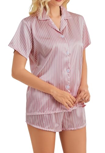 Image of Satin Pajamas for Women, Notch Neck PJ Adjustable Drawstring Shorts | Silky pajama set for women with a lightweight drape. Breathable feel, stays soft after wash