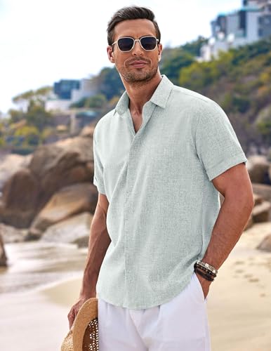 Image of COOFANDY Men's Linen Shirts Short Sleeve Casual Shirts Button Down Shirt for Men Beach Summer Wedding Shirt