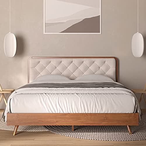 DG Casa Cassidy Mid Century Modern Solid Wood Queen Bed Frame – Beige Fabric Upholstered Platform Bed with Full Wooden Slats – Queen Size Bed Frame with Tufted Headboard – No Box Spring Required