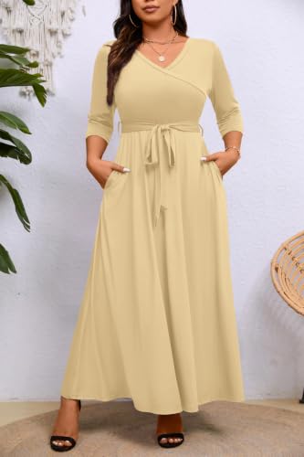 Image of Runwind Plus Size Dress for Women - 3 /4 Sleeve V Neck Maxi Dresses for Women (XL-6XL)