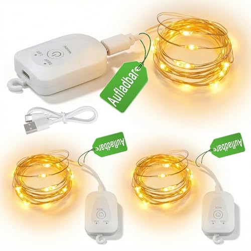Mini Aufladbare Lichterkette Timer 2M 20LED Warmweiß LED Lichterketten mit Wiederaufladbar USB-Kabel Wasserdicht Lichterkette Innen für Weihnachten Valentinstag Hochzeit Party Zimmer Deko (3 Stück)